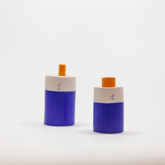 Eric Hibelot Vasen – Kanister mittel Blau mit Hellorange