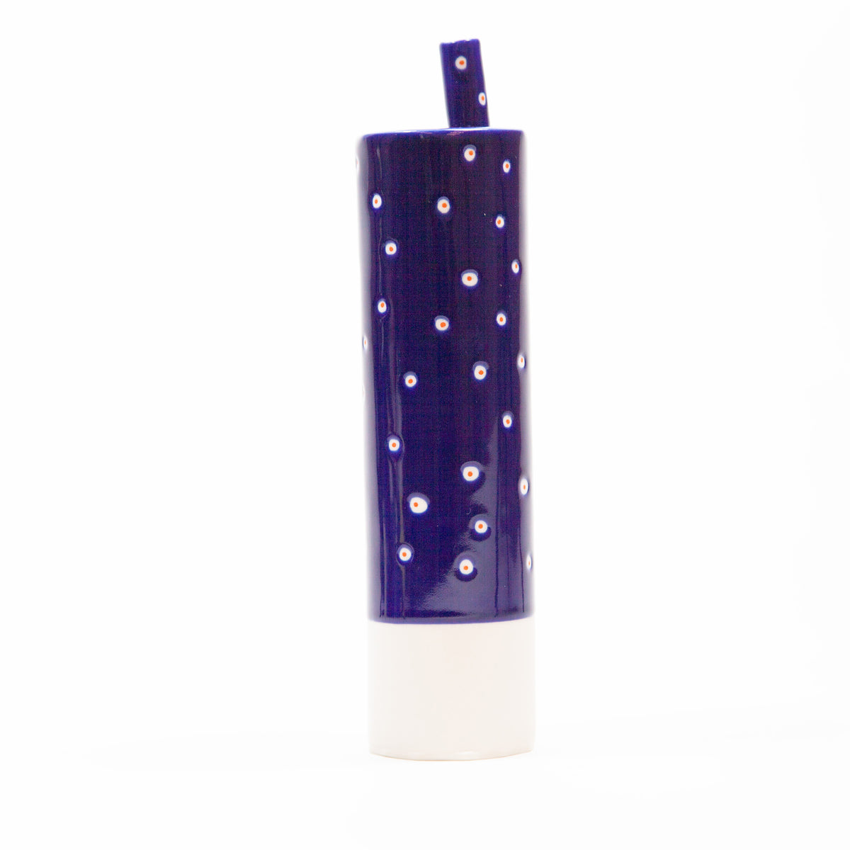 Eric Hibelot Vase – Kanister glänzend Blau mit weißen Punkten