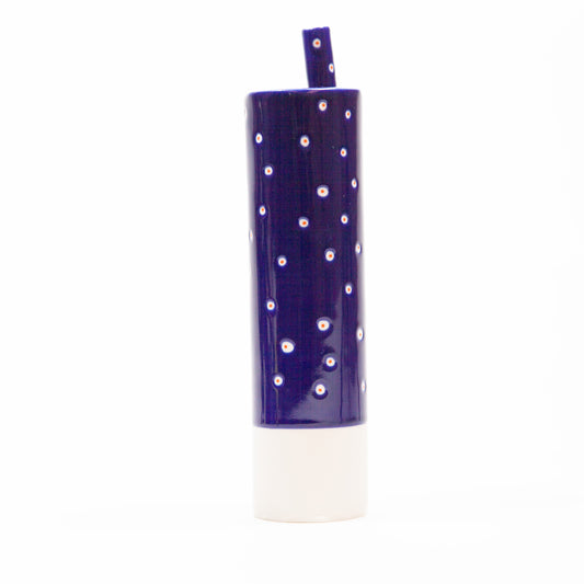 Eric Hibelot Vase – Kanister glänzend Blau mit weißen Punkten